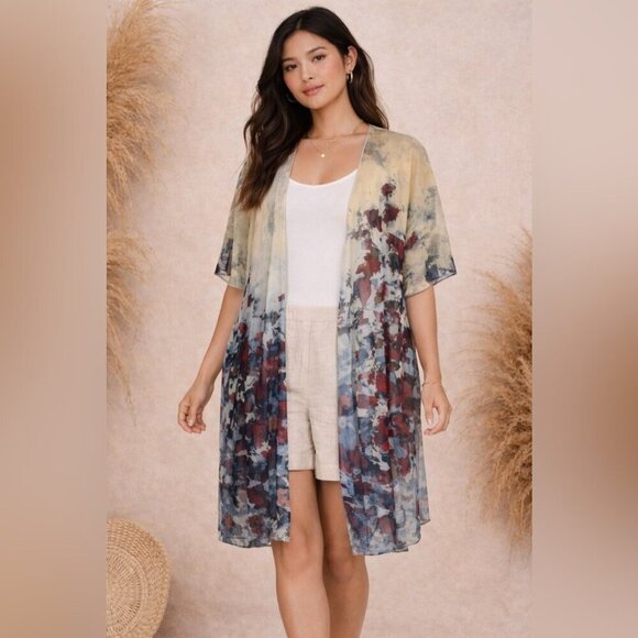 Le Galeriste Tops - Le Galireste Sheer Lagenlook Kimono Duster Abstract Print Art To Wear One Size